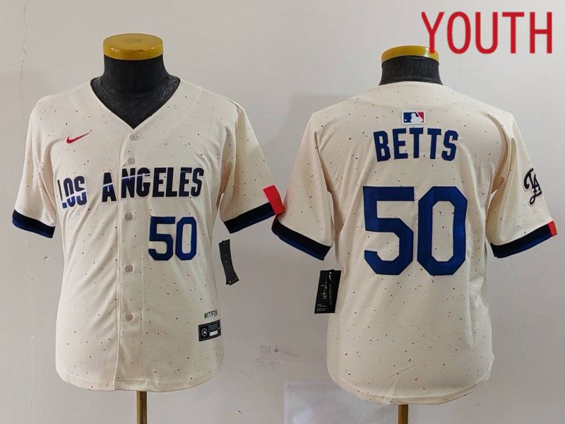 Youth Los Angeles Dodgers #50 Betts Cream Fashion Nike Game MLB Jersey style 7033